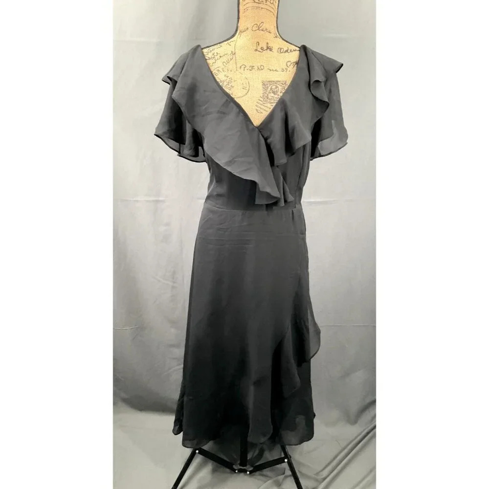 Avenue Dress Women 16 Black Short Sleeve Lined Flowy Ruffle Romantic Maxi NEW